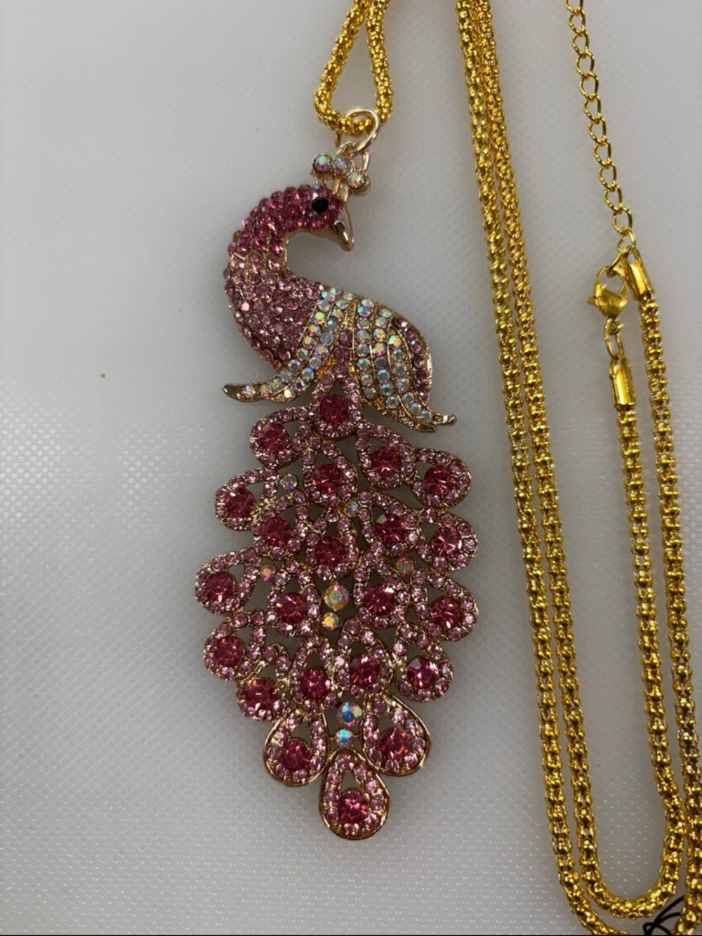 Gold-Tone Pink Crystal Peacock Pendant Necklace